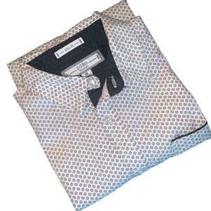 PD&C Men's Button Up Shirt Short Sleeve Stretch Slim Fit Size M  Blue Red Design